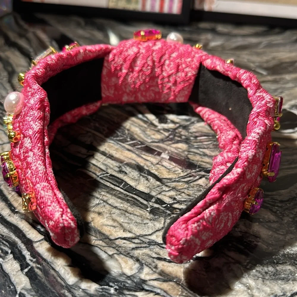 BRIANNA CANNON ADULT SIZE PINK TEXTURED HEADBAND WITH CRYSTALS AND PEARLS